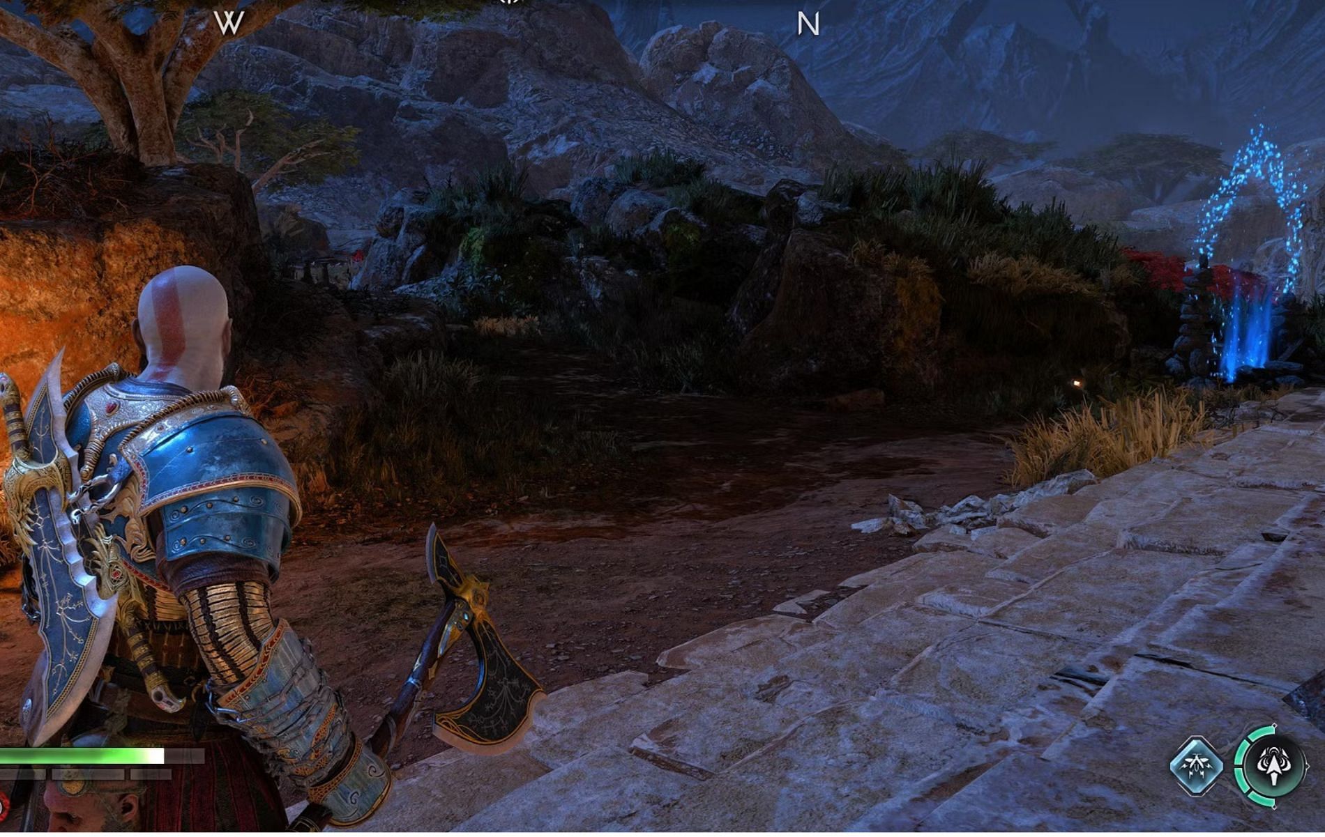 Go right from the Mystic Gateway and drop down using the grapple points to reach the cave’s path (Image via Santa Monica Studio)